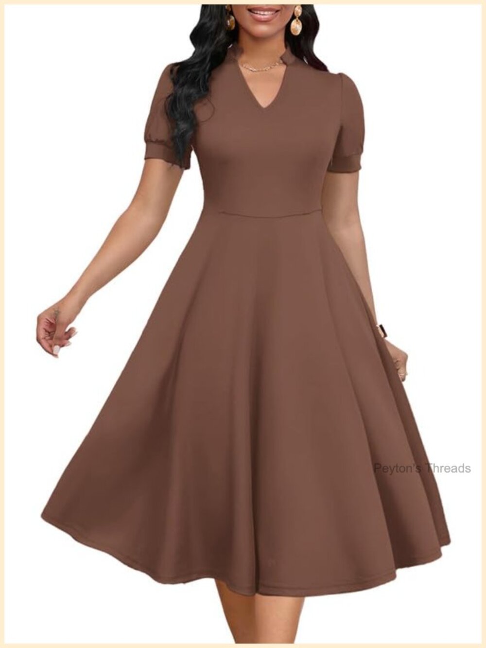 Women's Short Puff Sleeve V Neck A-Line Cocktail Party Dress